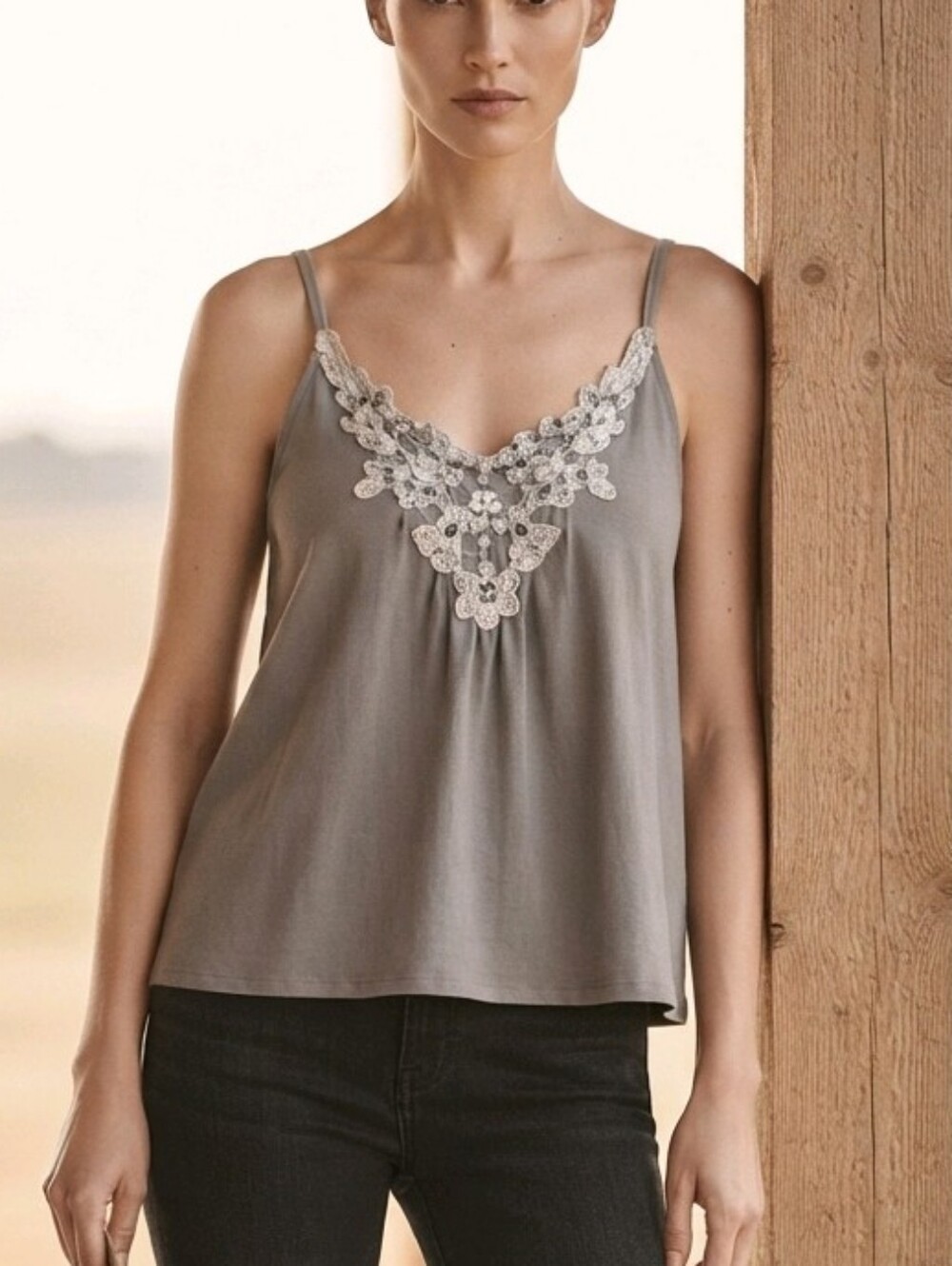 Oversized Whimsical Cottage Core Cami Tank Embroidered Floral Detail Grey XL